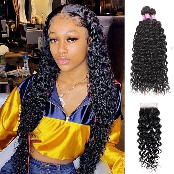 Angie Queen 3 Bundles with Closure Brazilian Water Wave Virgin Human Hair Weave Bundles