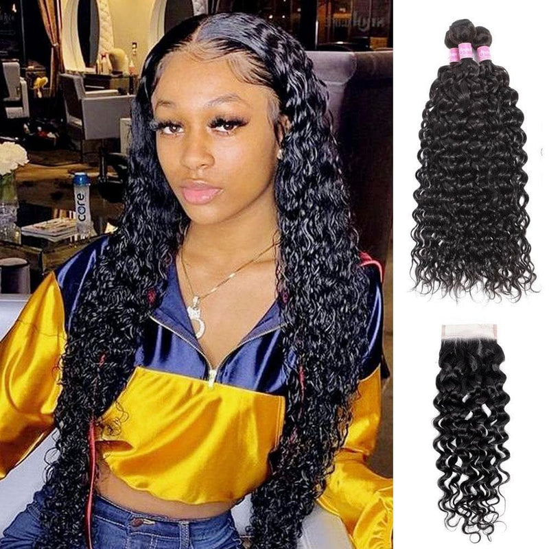Angie Queen 3 Bundles with Closure Brazilian Water Wave Virgin Human Hair Weave Bundles