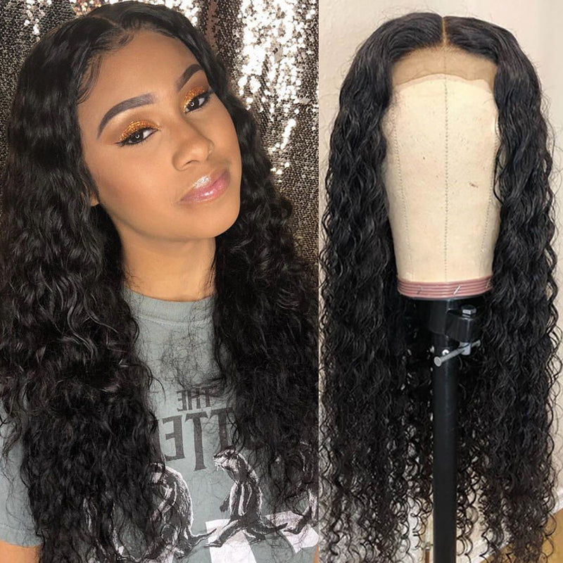 Angie Queen 4*4 Lace Closure Wigs Malaysian Water Wave Human Hair Wigs 180% Density Pre-plucked