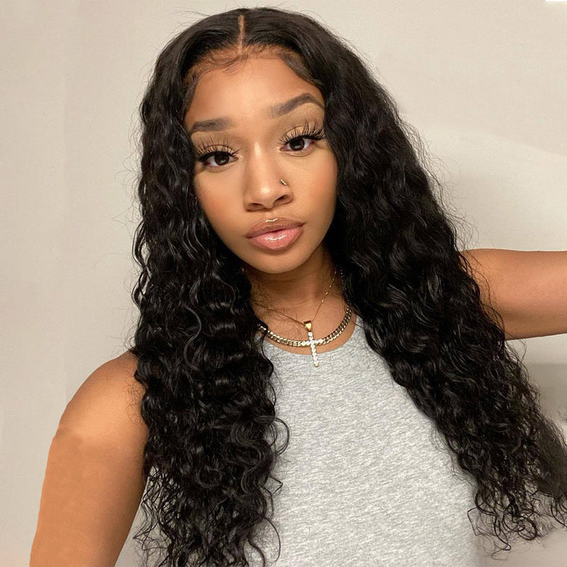 Angiequeen 13x1 T Part HD Lace Wig  Water Wave Virgin Hair Long Transparent Pre-plucked Wig