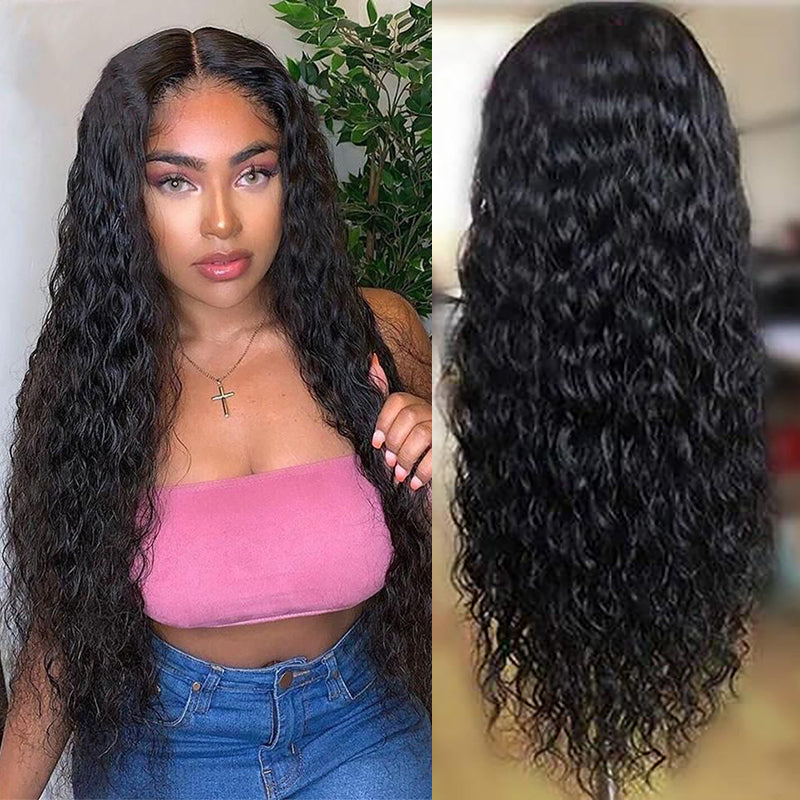 Angie Queen 4*4 Lace Closure Wigs Peruvian Water Wave Human Hair Wigs 180% Density Pre-plucked