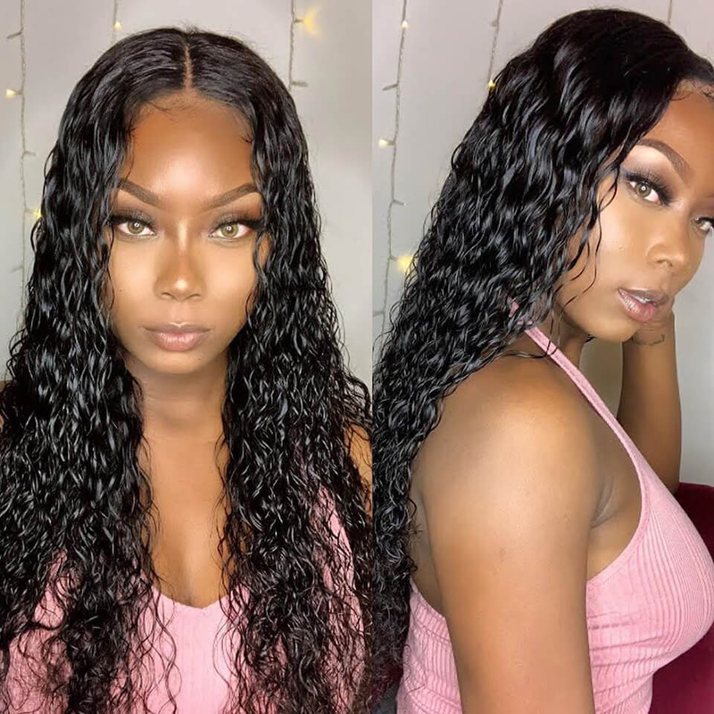 Angie Queen 4*4 Lace Closure Wigs Peruvian Water Wave Human Hair Wigs 180% Density Pre-plucked